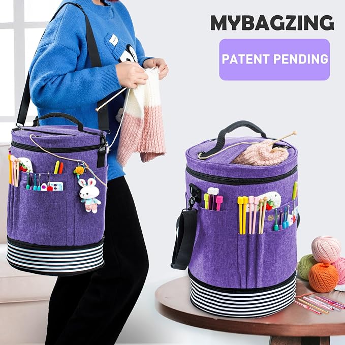 MYBAGZING Expandable Crochet Bag - Knitting and Yarn Storage Organizer Tote with Zipper Closure - Ideal Gift for Crocheting Accessories and Supplies