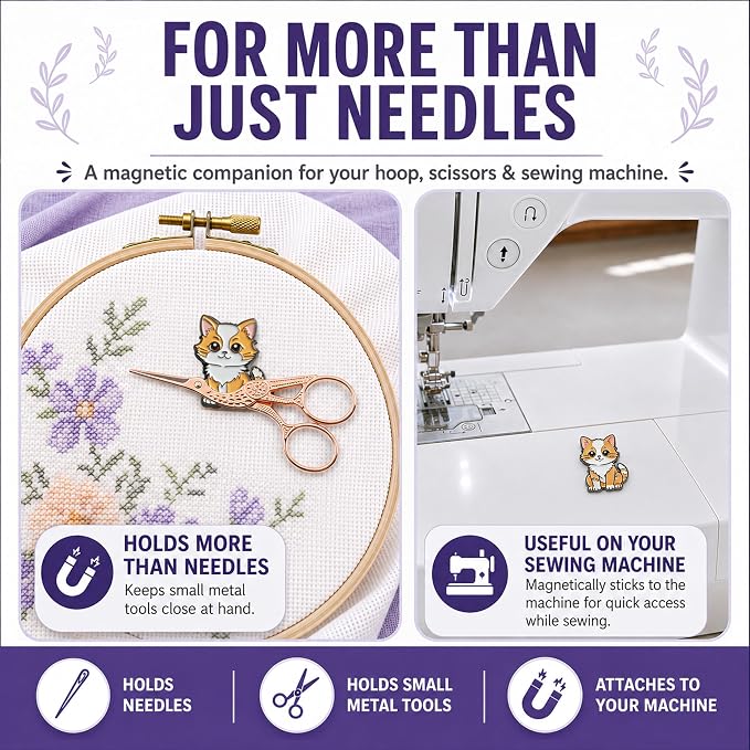 The Quilted Bear Magnetic Needle Minder, Cat | Enamel Needle Keeper for Embroidery & Cross Stitch, Secure Holder for Sewing Needles & Pins, Strong Magnet, Sewing Accessory