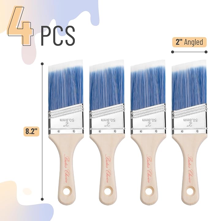 Bates- Stubby Angle Paint Brushes for Walls and Trim, 2", 4 pcs, Treated Wood Handle, 2 Inch Paint Brushes 2 Inch, Stainless Steel Ferrule