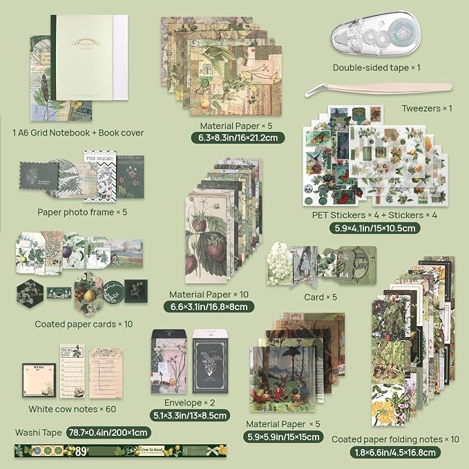 Scrapbook Photo Album Supplies Kit with Tweezers and Glue Tape, Green Aesthetic Vintage Junk Journal Scrapbooking Paper, Sticker Pack, Notebook Craft Supplies, DIY Gift for Adult Men Women (Wild Dome)