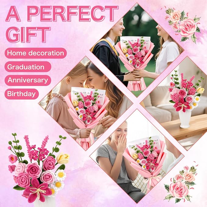 Iuuidu Crochet Kit for Beginners, Rose-Pink Flower Bouquet Crochet Kit