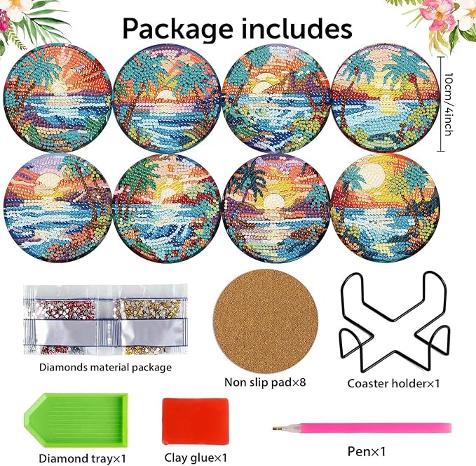 8 Pcs Diamond Art Coasters Kits, Beach Diamond Painting Coasters Kits