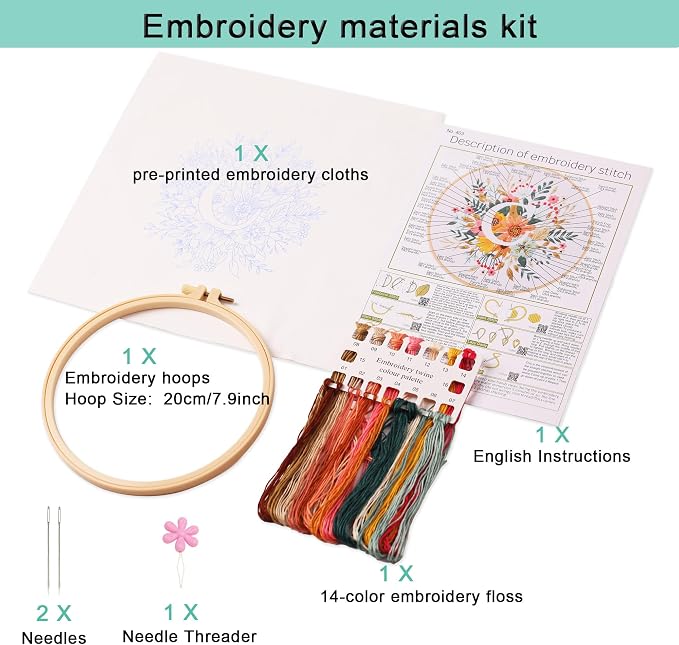 Harimau Letter C Pattern Embroidery Kit for Adult Beginners, Complete Starter Pack with 1 Hoop, Needles, Instruction Guide & Embroidery Stitch Video Tutorials