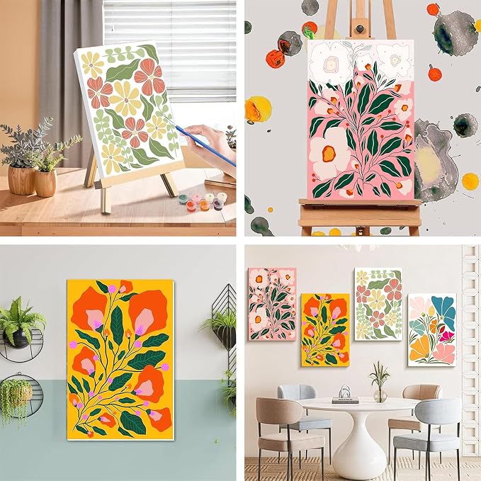4 Pack Flower Paint by Numbers for Adults with Framed Canvas - Wooden Easel | Easy Flower Paint by Number for Beginners, Flowers Acrylic Oil Painting on Canvas with Brushes for Home Wall Decor 8x12 inch