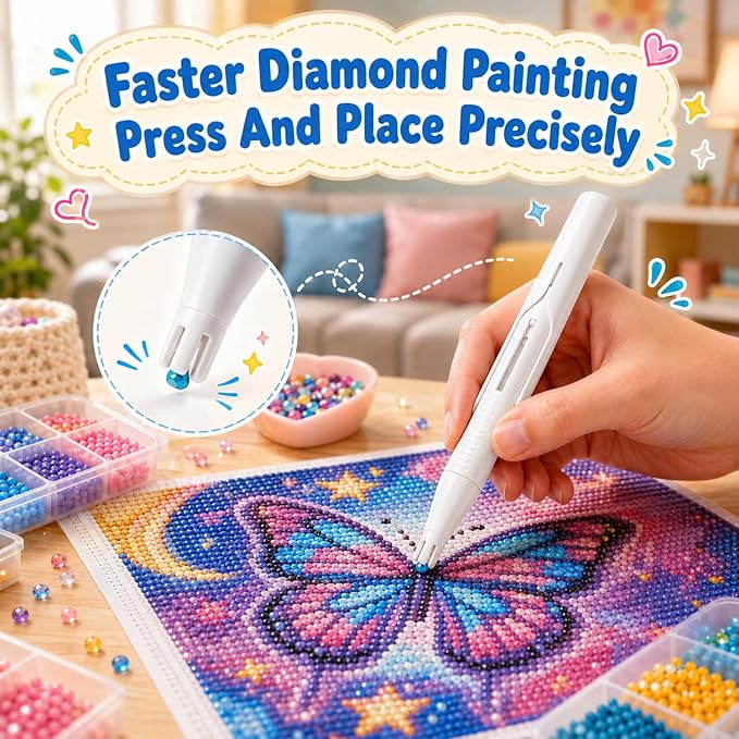 Diamond Art Automatic Bead Dispenser Pen,Automatic Diamond Painting Pen,Diamond Art Pen for 2.8mm Round Drills,DIY Crafts for Adults,No Wax Required,Accessories Kit，White