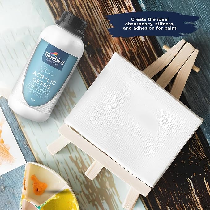 BLUEBIRD Studio Acrylic Gesso - Liquid Gesso Primer for Arylic Painting, Surface Prep Medium (White, 33.8 Fl Oz)