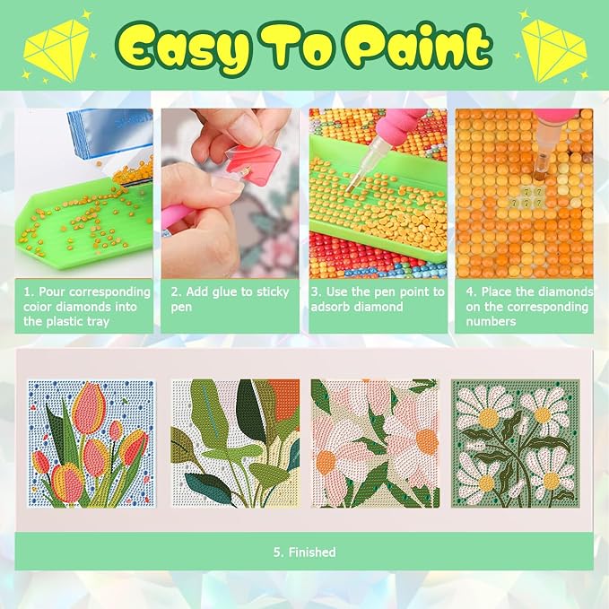 ICYANART 4 Pack Flowers Diamond Art Painting Kits for Kids Simple 6x6Inch | Flowers Diamond Art Kits for Kids Ages 4-8-12, Small Diamond Art Kits for Kids, Arts and Crafts for Kids Ages 8-12 (no Frame)