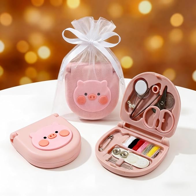 2 Pack Mini Travel Sewing Kit, Portable Emergency Sewing Box with Scissors, Needles, Threads, Compact Clothing Repair Set for Travel, Purse, Office, College Dorm(3D Piggy Pink)