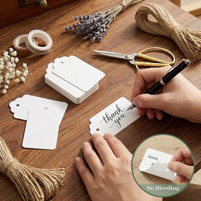 SallyFashion 100 PCS Gift Tags with String Attached, Kraft Paper Hang Tags | 1.7X2.8 inch, Paper Hang Tags for Clothes DIY, Crafts Wedding Holiday (White)