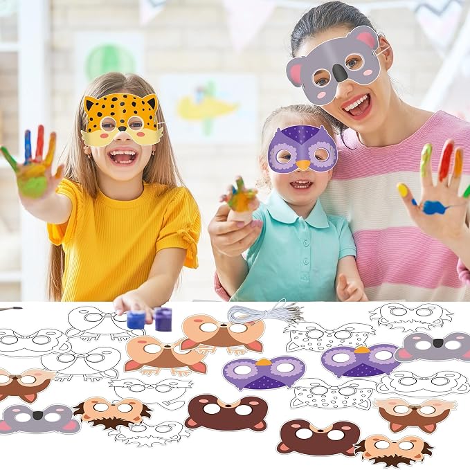 Lonfliness 63 Set Animal Coloring Mask Jungle Paper Crafts Kids Color Your Own Wild Blank DIY Mask Masquerade Birthday Party Dress-Up Decoration Favor School Classroom Activity Game Supplies Wildlife