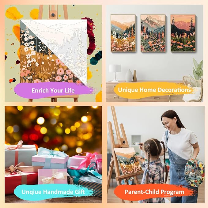 Mandun Landscape Paint by Numbers Kit for Adults, 3 Pack, 7.8x11.8 inch | DIY Painting Kits Crafts for Adults, Relieve Stress, Frame Canvas, Wooden Easel, Gift Box, Home Wall Decor