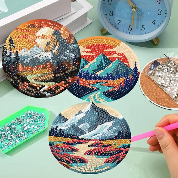 8 Pcs Diamond Art Coasters Kits, Landscape Diamond Painting Coasters Kits