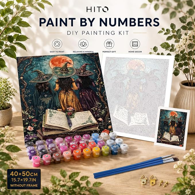 HITO Halloween Paint by Numbers Kit for Adults Witch 16x20 Inch Frameless | Witch Adult Paint by Number Kits on Canvas, DIY Acrylic Oil Easy Painting by Numbers for Home Wall Decor