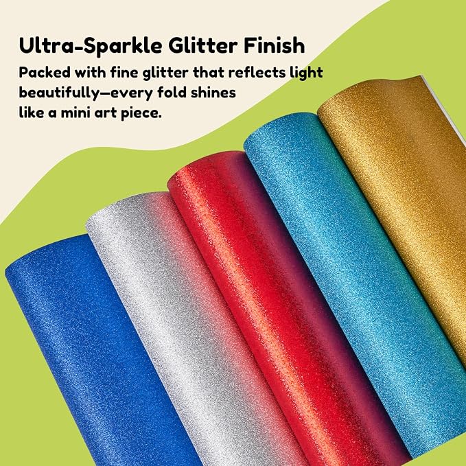 JoyCat Classic Glitter Origami Paper, 50 Sheets, 5 Colors, 6x6 Inch | Five vivid glitter colors add a bright shimmer to origami, party decorations, card making, gift accents and DIY crafts.