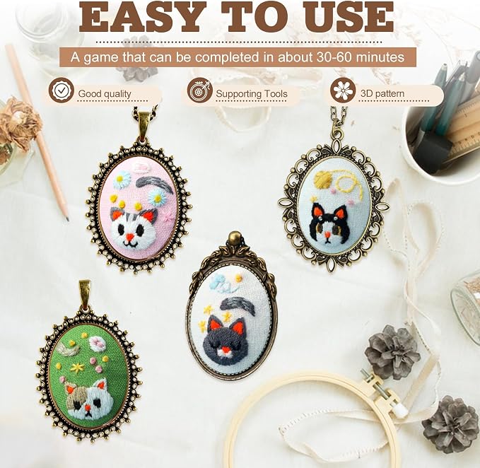 ZOCONE New 4 Packs Embroidery Necklace Kits, Embroidery Pendant Kit Mini Cross Stitch Kit with Hoop, Necklace, Pendant, Stamped Pattern Cloth, Instructions, etc., Embroidery Kits for Adults