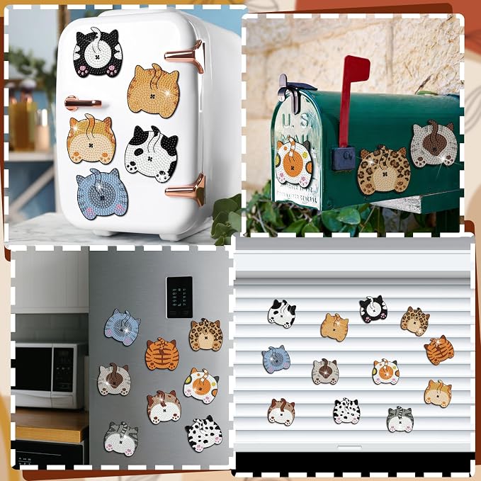 Zonon 12 Pcs Cat Diamond Art Magnets for Fridge Kitty Decor Kits | Cute Kitty Shapes with Diamond Painting Sparkle, Magnetic Stickers for Home Decor, Pre-finished Art Ready for Adults