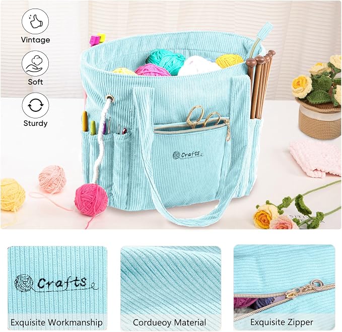 MYBAGZING Corduroy Crochet Bag 11.5" Large Yarn Storage Tote with Grommets, Needle Holders – Knitting Bag Organizer for Crochet Hooks, Accessories, Tools & Projects –Gift for Knitters & Crafters