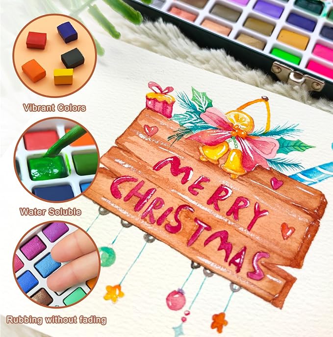 Artecho Watercolor Paint Set, 72 Colors with Metallics, Travel Case | 50 Classic, 18 Metallic & 4 Fluorescent Colors; Watercolor Paper and Brushes Included