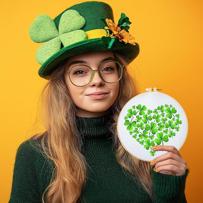 BEUNITONE 4 Set Lucky Clover Pattern Embroidery Kit for Adult Beginners | DIY Complete Needlepoint Kits for Adults, Cross Stitch Starter Kit with Hoops, Handmade Gifts for Fabric Home Decor 20x20cm
