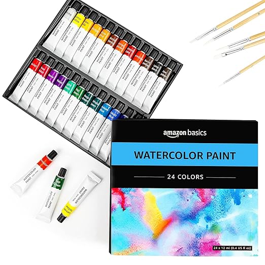 Amazon Basics Vibrant Watercolor Paint Set Tubes, 24 Assorted Colors, 0.4oz, Easy to Mix and Use