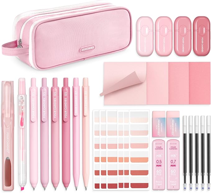 Four Candies Cute Aesthetic Pink School Supplies Kit for Girls
