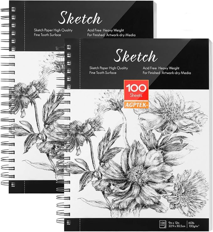 AGPTEK Sketch Book, Art Sketch Book 9''X12, 2 Packs | ( 68lb/100g), Spiral Bound with Easy-to-Remove Pages, Great for Artists, Writers & Illustrators