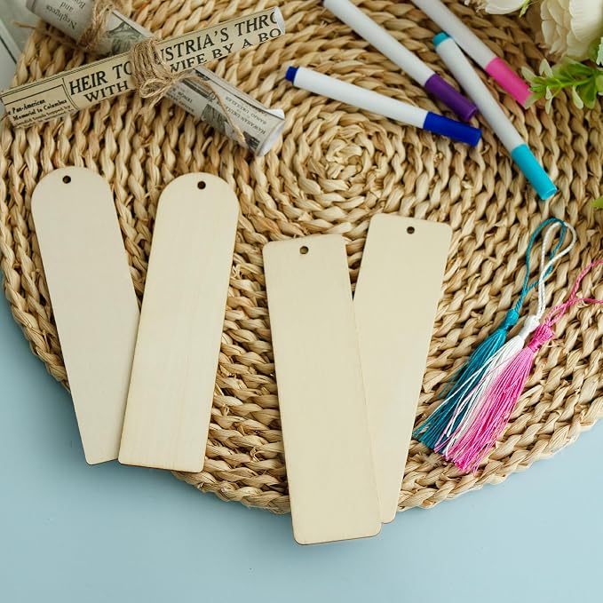 SWATOM Wood Bookmarks Blank DIY Semicircle & Rectangle Wooden Bookmark Craft Bulk 30 PCS Unfinished Wood Tags Rectangle Shape Ornaments with Holes and Tassels for Wedding Party Birthday Decoration
