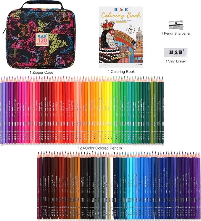 H & B 120 Colored Pencils for Adults & Beginners with Case & Coloring Book | Oil-based Soft Cores for Smooth Drawing & Coloring - Vibrant Blendable colors - Portable Travel Kit with Sharpener & Eraser