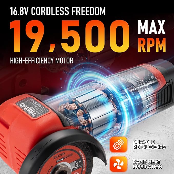 TEENO Cordless Angle Grinder Kit, 19,500 RPM Mini Electric Angle Grinding Tool with 2 pcs 16.8V 2000mAh Batteries and 6 Cutting Discs, 3-Inch Handheld Grinder for Metal/Wood Cutting and Grinding
