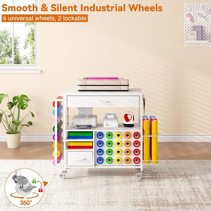 Rolling Craft Storage Cart,Table for Cricut Machines,36 Vinyl Roll Holders