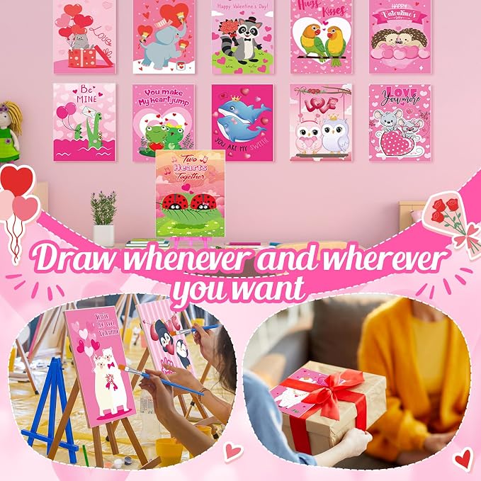 Blosssound 24 Pack Valentine's Day Pre Drawn Canvas to Paint Pre Printed Canvas Painting Kits Bulk with Easel Paint Pots Brushes for Adult Sip Party Beginner Birthday DIY