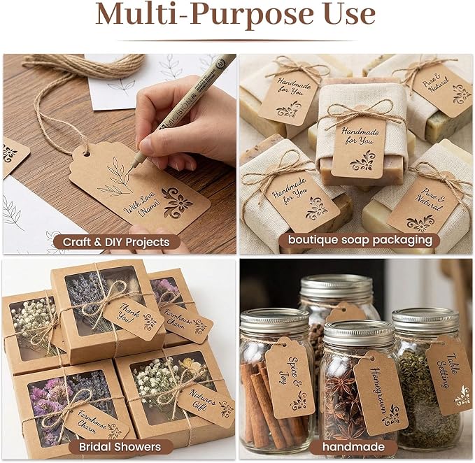 SALLYFASHION 100 PCS Gift Tags, 2X4 inch Kraft Paper Hollow | Stringsfor Wedding Bridal Party Favors Baby Shower
