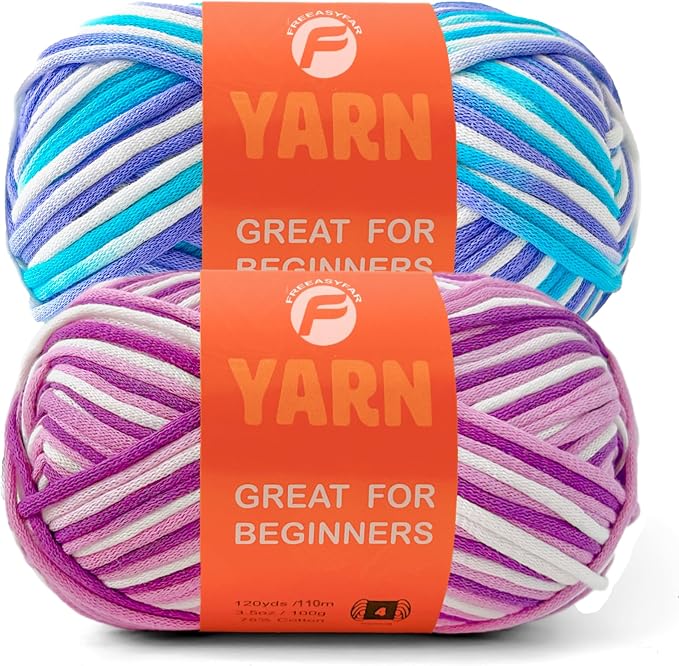 2x3.5Oz Beginner-Friendly Yarn for Crocheting and Knitting;Worsted-Weight Medium #4;Cotton Blend Yarn for Beginners with Easy-to-See Sitches,Great for Amigurumi DIY (Azure Waves+Lavender)