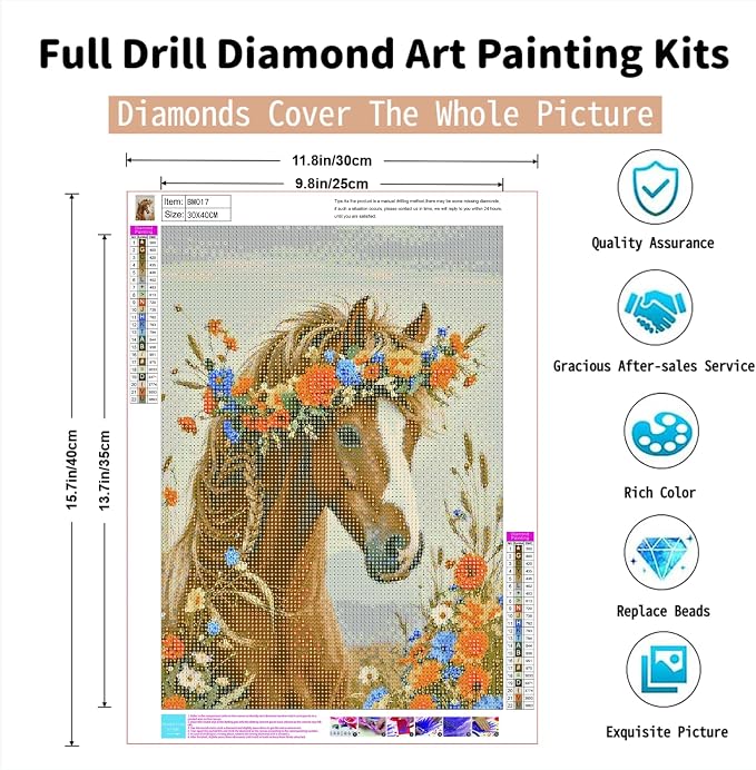 PINFFSHU 5D Diamond Painting Kits for Adults Beginners - Beautiful Horse with Floral Crown，Full Drill DIY Sparkling Gem Art Craft with Tools, Home Wall Decor, Unique Gifts for Women, 12x16 Inch