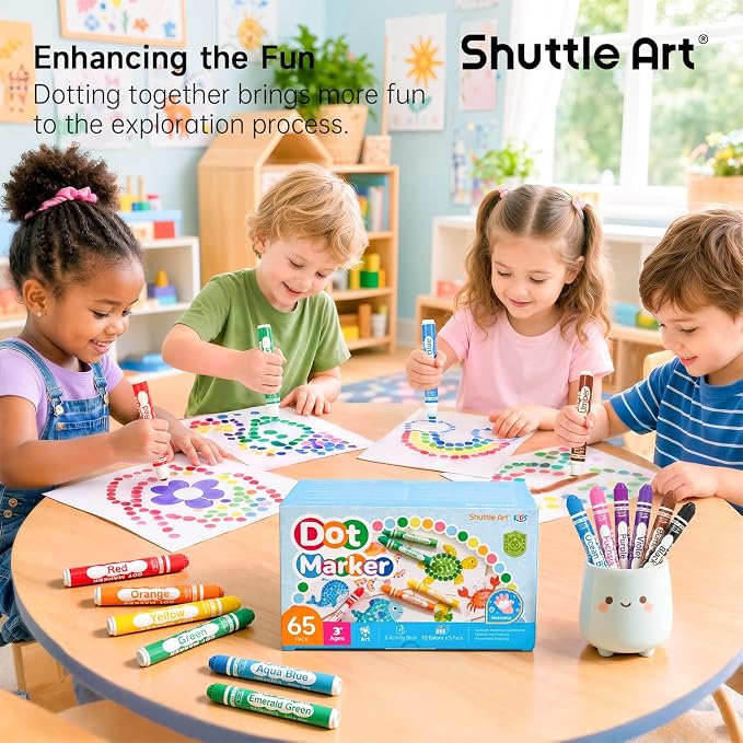 Shuttle Art Dot Markers, 60 Pack 12 Colors Washable Dot Markers with 135 Activity Sheets, 5 Activity Books, Fun Art Supplies for Kids Toddlers and Preschoolers, Non Toxic Water-Based Paint Daubers