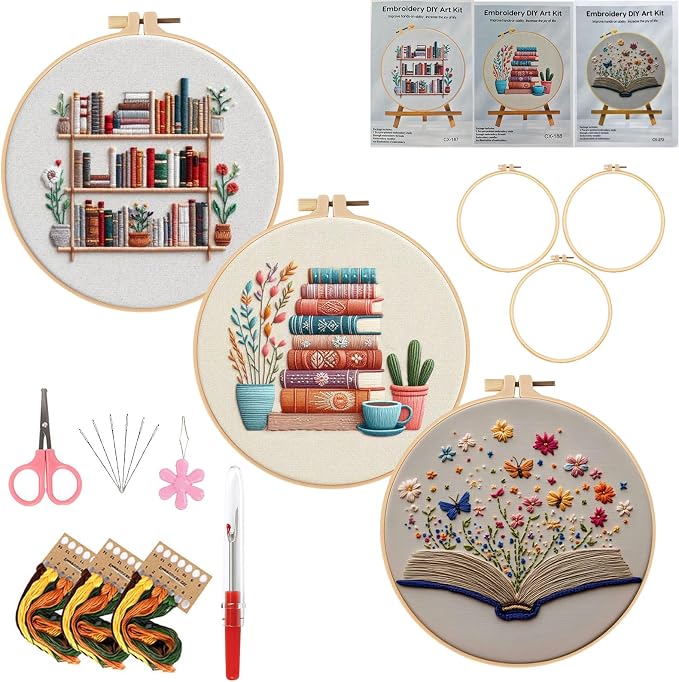 Embroidery Kit for Adults, Pre-Stamped Pattern Embroidery Kit for Beginners, Needlepoint Starter Kit with Hoop Thread Needle Instruction, 7.9'' Hoop (Book Lover 3 Packs)