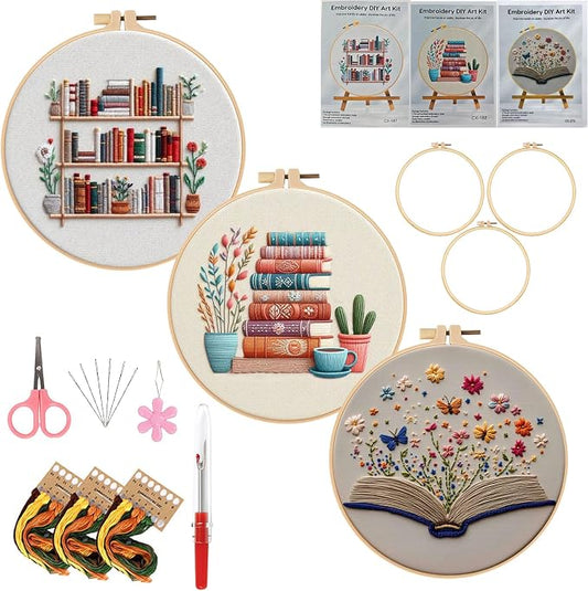 Embroidery Kit for Adults, Pre-Stamped Pattern Embroidery Kit for Beginners, Needlepoint Starter Kit with Hoop Thread Needle Instruction, 7.9'' Hoop (Book Lover 3 Packs)