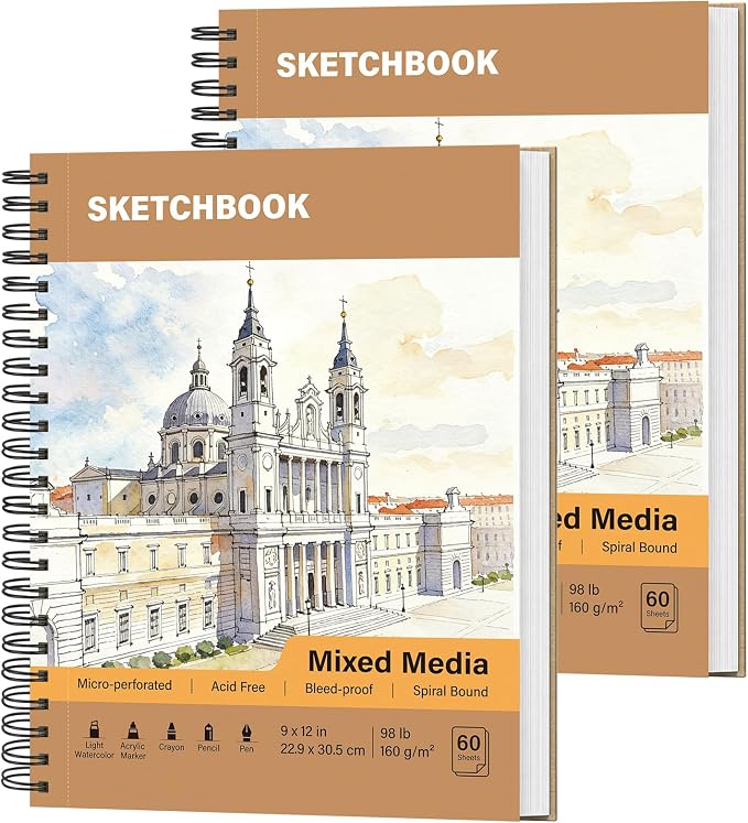Mixed Media Sketch Book 9" x 12": 98lb/160gsm Spiral Drawing Pad, 2 Pack