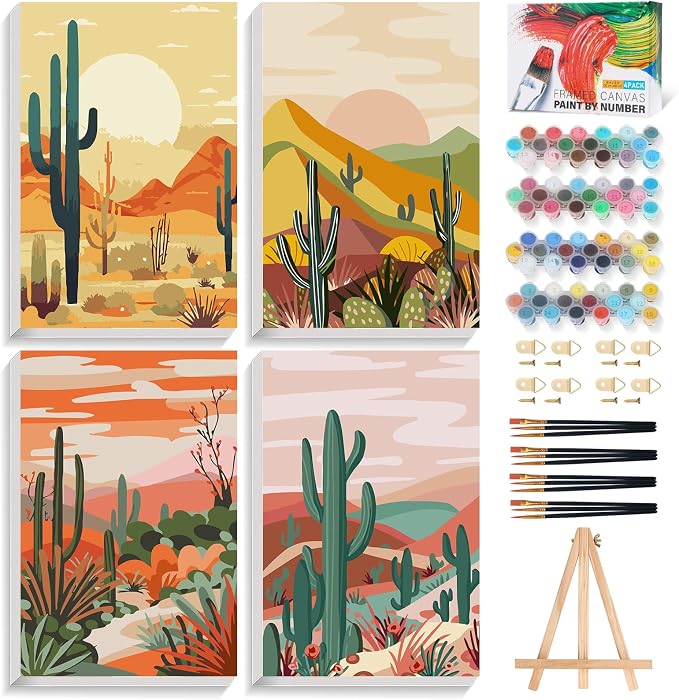 4 Pack Framed Paint by Numbers Kit for Adults with Wooden Easel, 8x12 Inch | Desert Cactus, Easy DIY Acrylic Canvas Craft Kit with Frame for Beginners, Home Decor, Stress Relief Relaxing Hobby Gift