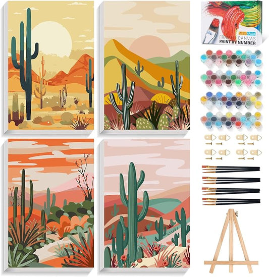 4 Pack Framed Paint by Numbers Kit for Adults with Wooden Easel, 8x12 Inch | Desert Cactus, Easy DIY Acrylic Canvas Craft Kit with Frame for Beginners, Home Decor, Stress Relief Relaxing Hobby Gift