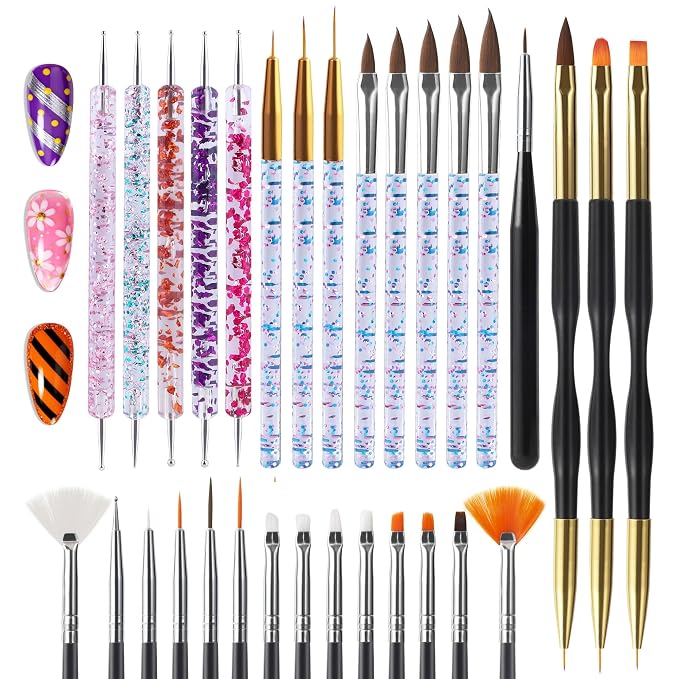 Artdone 31pcs Nail Art Brushes Tools Set Dotting Tools for Gel Polish | Dust Brush,Striping Brushes for Long Lines, Drawing Pen Design supply
