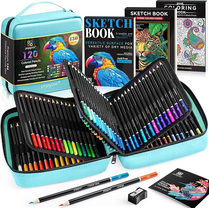 136 PCS Colored Pencils Set for Adult Coloring Books, 120 Colored Pencils | with Sketchbook, Coloring Book, Sharpener, Tutorial, Color Chart, Soft Core Oil-Based, Ideal for Drawing Blending Shading