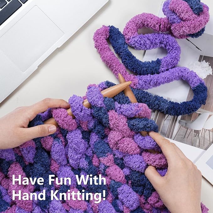 Cozyful Chunky Yarn for Hand Knitting - #10 Chunky Chenille Blanket Yarn, Jumbo Big Thick Chunky Yarns for Crocheting, Tie Dye Bulky Knit Yarns, 8 Skein (20 yds 8 oz Each Skein), Multi Purple