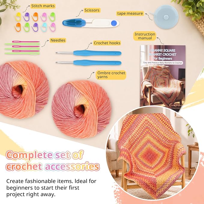 Coopay Crochet Kit for Beginners Adults, Gradient Granny Square Blanket Kit
