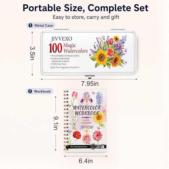 100 Colors Watercolor Paint Set with Watercolor Workbook for Adults | Travel Watercolor Set with 14 Pre-Drawn Projects, 1 Water Brush, 6 Detail Brushes & Painting Supplies for Teens & Beginners