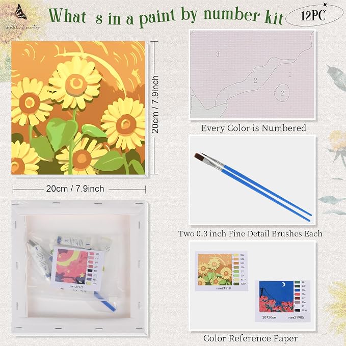 Nezyo 12 Sets Paint by Numbers with Frame for Adults, Acrylic Canvas 8x8 | DIY Kits Ideal to Beginners, Perfect as Party and Birthday Gifts, Includes Numbered Canvases with Acrylic Paints and Brushes