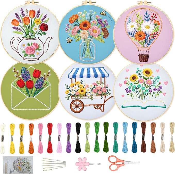 ORIGACH 6 Pack Vase Letter Book & Flower Wreath Embroidery Kits for Beginners, DIY Starter Hand Embroidery Kit with Floral & Objects Patterns and Instructions for Adults Women Crafting