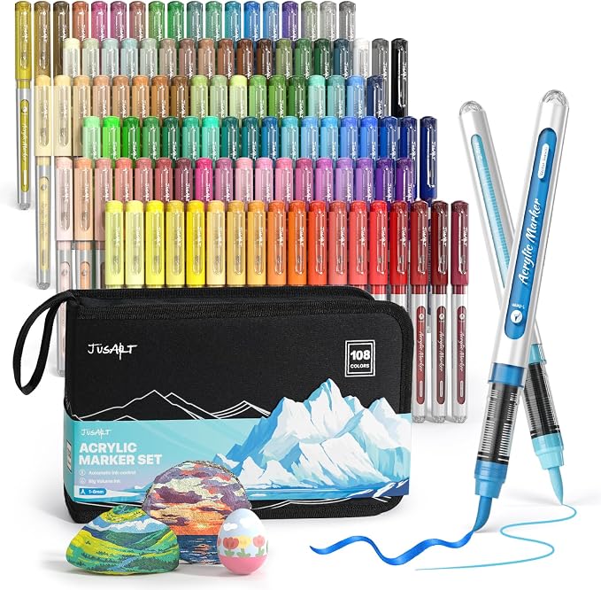 JusArt Acrylic Paint Markers Brush Tip, 108 Basic & Metallic Colors