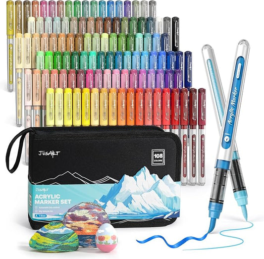 JusArt Acrylic Paint Markers Brush Tip, 108 Basic & Metallic Colors