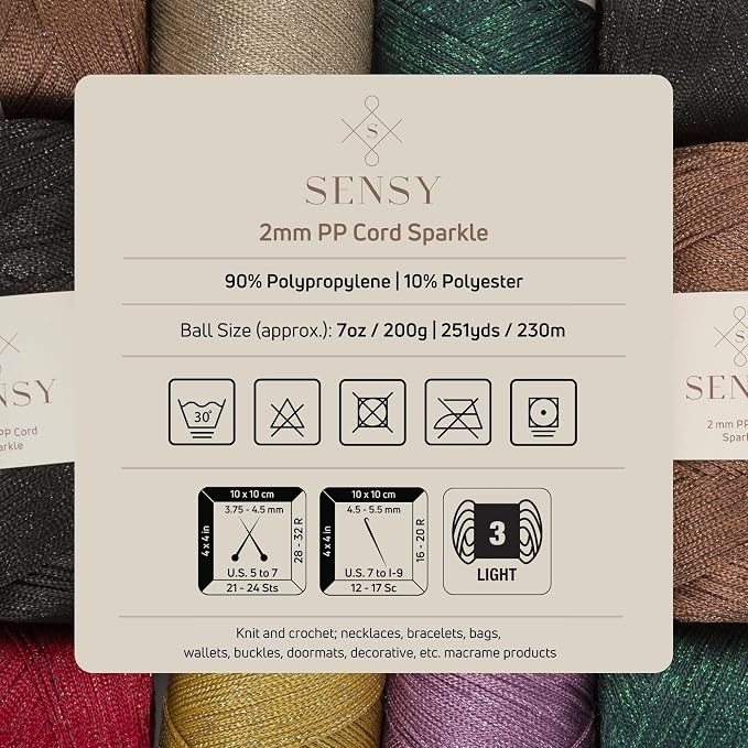S Sensy 2mm -Premium Polypropylene Macrame Cord 10 Pack Black Sparkle 252yd